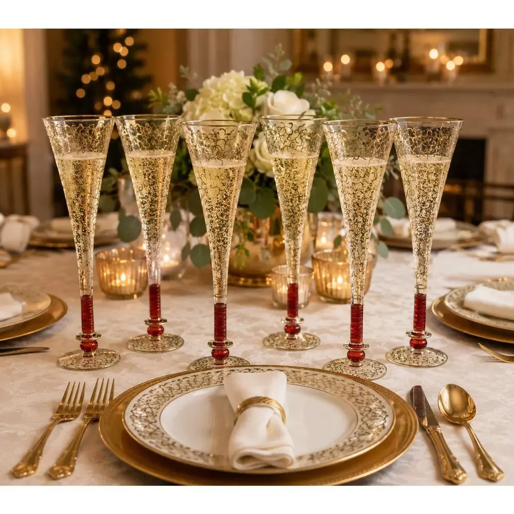 Pier 1 Fluted Champagne Glasses P1C8 Gold Filigree Red Stem Set of 6 Vintage